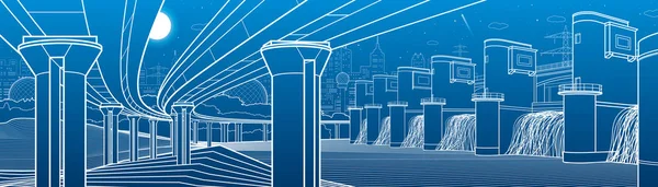 Infraestructura Urbana Panorama Ilustrativo Industrial Energético Central Hidroeléctrica Presa Del — Archivo Imágenes Vectoriales
