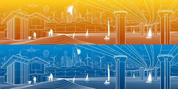 Framtidsstaden Liv Infrastruktur Panorama Industriella Illustration Stor Bil Bridge Människor — Stock vektor