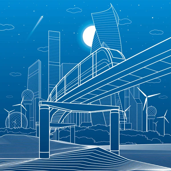 Stedelijke Infrastructuur Vervoer Illustratie Monorail Brug Bergen Moderne Stad Achtergrond — Stockvector