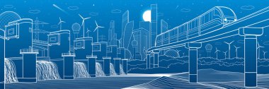 Kentsel altyapı ve ulaşım illüstrasyon. Monoray köprü dağların üzerinden. Arka plan, modern şehir. Hidroelektrik Santrali. Mavi zemin üzerine beyaz çizgiler. Vektör tasarım sanat 