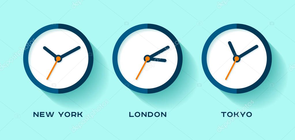 World time. Simple Clock icons in flat style. New York, London, Tokyo. Watch on blue background. Business illustration for you presentation. Vector design objects.
