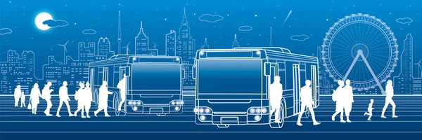 Transportpanorama Die Passagiere Steigen Ein Und Aus Städtische Verkehrsinfrastruktur Nacht — Stockvektor