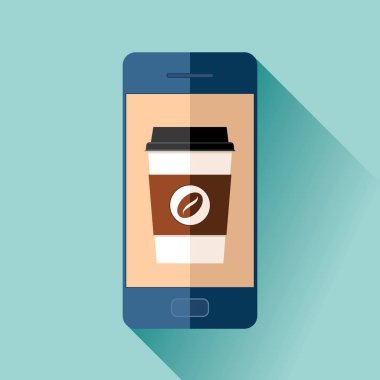 Kahve cep telefonu üzerinden sipariş. Renk arka plan üzerinde düz stil Kupası. Seninle içki. Basit nesne. Vektör tasarım öğesi iş projeniz için