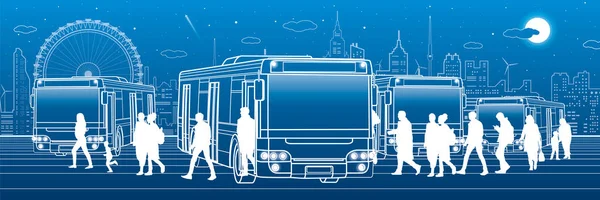 交通パノラマ 乗客は 入力し バスを終了します 町の交通インフラ 夜の街の背景 ベクター デザイン アート — ストックベクタ