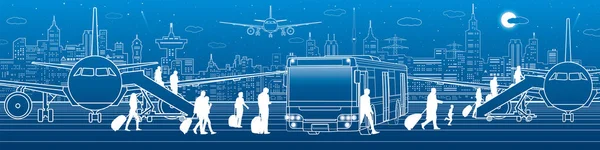 Doprava Panoramatické Cestující Vstoupit Vystoupit Autobus Letiště Cestování Dopravní Infrastruktura — Stockový vektor