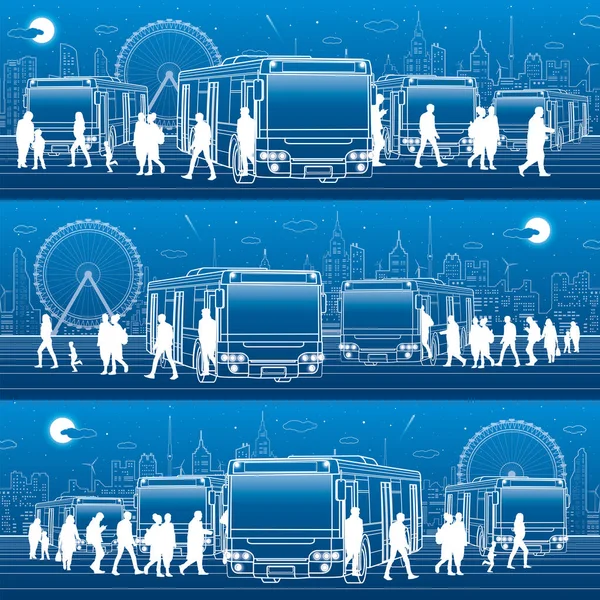 Транспорт Панорамный Набор Пассажиры Входят Выходят Автобуса Люди Участке Транспортная — стоковый вектор