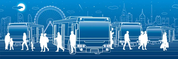 Transport Panoramiczne Pasażerowie Wejść Wyjść Autobusu Ludzi Stacji Infrastruktury Transportowej — Wektor stockowy