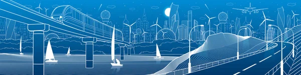 Şehir alt yapı sanayi ve taşıma illüstrasyon panorama. Tren Demiryolu Köprüsü nehir üzerinde hareket eder. Otomobil yol dağlarda. Mavi zemin üzerine beyaz çizgiler. Vektör tasarım sanat