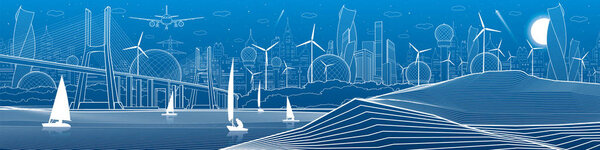 City infrastructure panoramic illustration. Big bridge across the river. Sea shore. Sailing yachts on the water. White lines on blue background. Vector design art