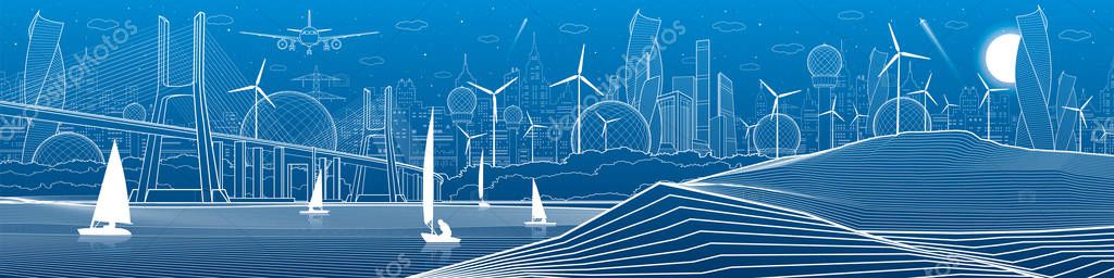 Infrastrutture della città illustrazione panoramica. Un ponte lungo il fiume. Sulla riva del mare. Barche a vela in acqua. Linee bianche su sfondo blu. Arte del design vettoriale