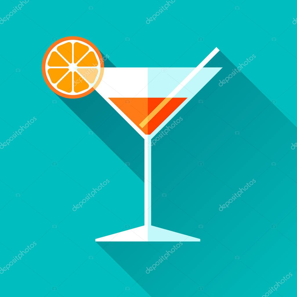 Glass for vermouth icon in flat style, wineglass on color background. Alcohol cocktail with lemon and straw. Vector design elements for you business project
