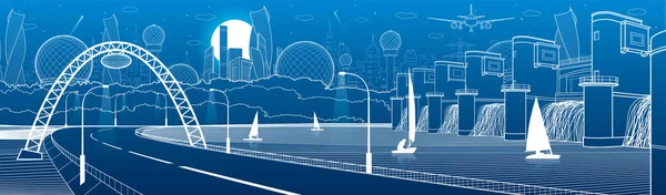 城市基础设施工业和能源例证全景 水力发电厂 河水坝 汽车路 照明高速公路 蓝色背景上的白色线条 矢量设计艺术 — 图库矢量图片