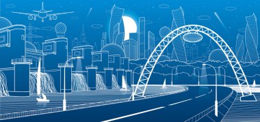 Şehir alt yapı sanayi ve enerji illüstrasyon. Hidro elektrik santrali. Nehir baraj. Otomobil yol. Işıklı karayolu. Mavi zemin üzerine beyaz çizgiler. Vektör tasarım sanat