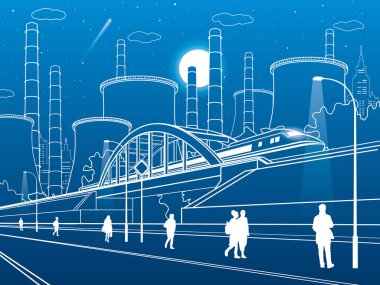 Kentsel altyapı illüstrasyon. İnsanlar sokakta yürürken. Tren Köprüsü üzerinde hareket ettirin. Işıklı karayolu. Fabrika termik santral. Nnight şehir. Mavi zemin üzerine beyaz çizgiler. Vektör tasarım sanat