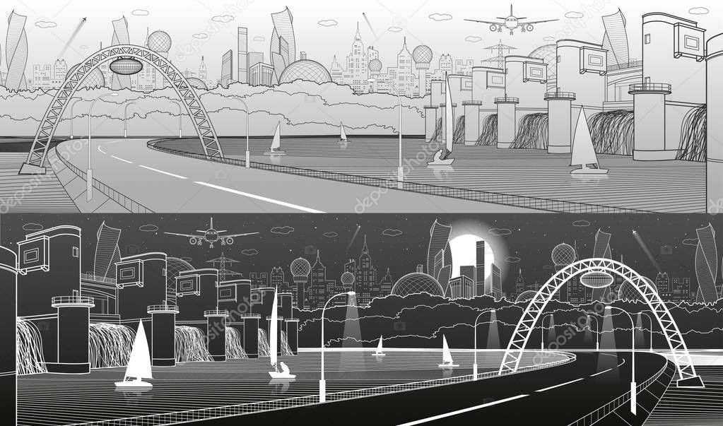 City infrastructure industrial and energy illustration panoramic. Hydro power plant. River Dam. Illuminated highway. White and black lines on light and daerk background. Vector design art