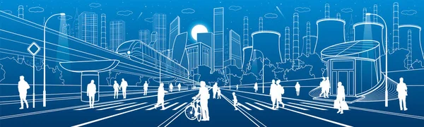 Иллюстрация Городской Инфраструктуры Люди Ходят Улице Современная Архитектура Города Поезд — стоковый вектор