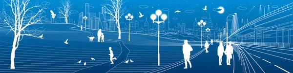 Şehir sahne. Araba Üstgeçit Köprüsü. İnsanlar kaldırım boyunca yürümek. Akşam aydınlatılmış park. Çocuklar oynuyorlar. Kuşlar uçuyorlar. Arka plan için modern gece şehir. Vektör tasarım sanat