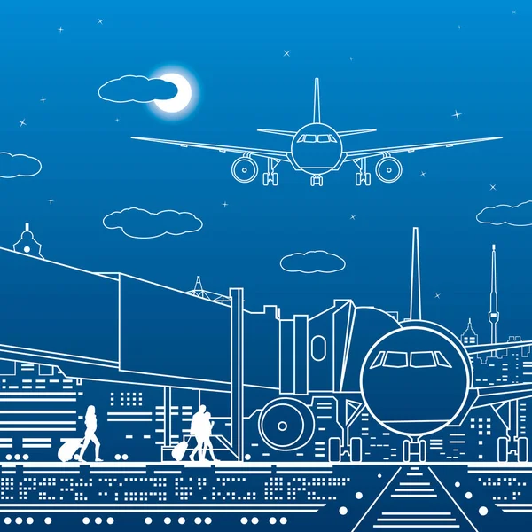 Ilustración Del Aeropuerto Los Pasajeros Van Avión Infraestructura Transporte Aéreo — Vector de stock