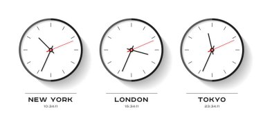 Dünya saatleri. Düz stil basit saati simgeler. New York, Londra, Tokyo. Beyaz arka plan üzerinde dikkat et. Sen sunu için iş illüstrasyon. Vektör tasarım nesneleri.