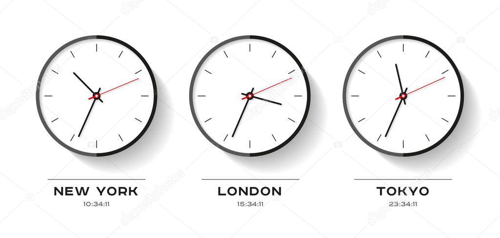 World time. Simple Clock icons in flat style. New York, London, Tokyo. Watch on white background. Business illustration for you presentation. Vector design objects.