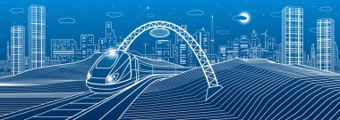 Köprünün altından tren. Modern gece kasaba, neon şehir. Altyapı illüstrasyon, kentsel sahne. Mavi zemin üzerine beyaz çizgiler. Vektör tasarım sanat 