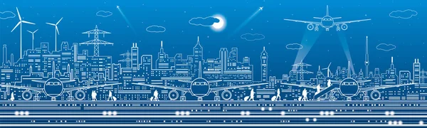 机场全景 乘客去飞机 航空旅行运输基础设施 飞机在跑道上 夜间城市背景 矢量设计艺术 — 图库矢量图片