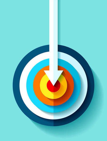 Volume Target icon in flat style on color background. White Arrow in the center aim. Vector design element for you business projects