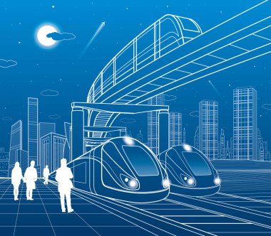 İki tren demiryolu ile seyahat. Monoray Köprü'ye taşıyın. Modern gece kasaba. Kentsel sahne. İnsanlar Sokağı'nda. Uçak fly. Mavi zemin üzerine beyaz çizgiler. Vektör tasarım sanat