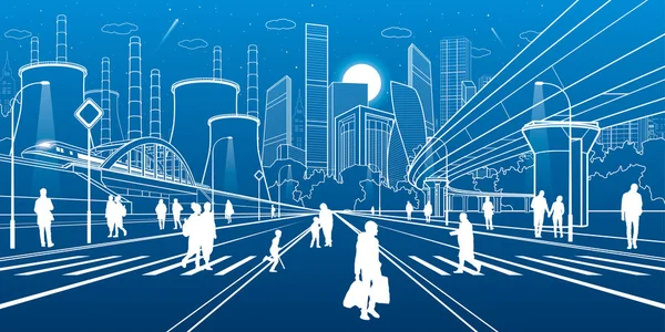 Illustrazione Delle Infrastrutture Urbane Gente Cammina Strada Treno Muove Sul — Vettoriale Stock