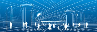 Şehir Mimarlık ve altyapı illüstrasyon, otomotiv Üstgeçit, büyük köprüler, kentsel sahne. İnsanlar Sokağı'nda. Gece kasabanın karayolu. Mavi zemin üzerine beyaz çizgiler. Vektör tasarım sanat