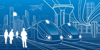 İki tren demiryolu ile seyahat. Modern gece kasaba. Kentsel sahne. Büyük köprü. İnsanlar yürüme. Uçak fly. Mavi zemin üzerine beyaz çizgiler. Vektör tasarım sanat