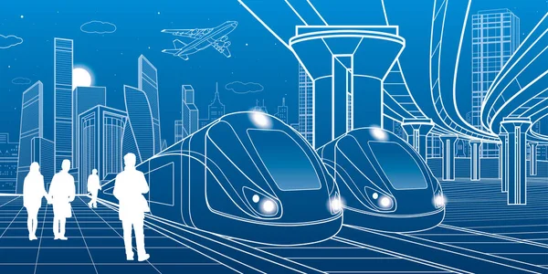 つの列車は 鉄道で旅行します モダンな夜の街 都市のシーン 大きな橋 プラットフォームで歩く人々 飛行機飛ぶ 青色の背景に白い線 ベクター デザイン — ストックベクタ