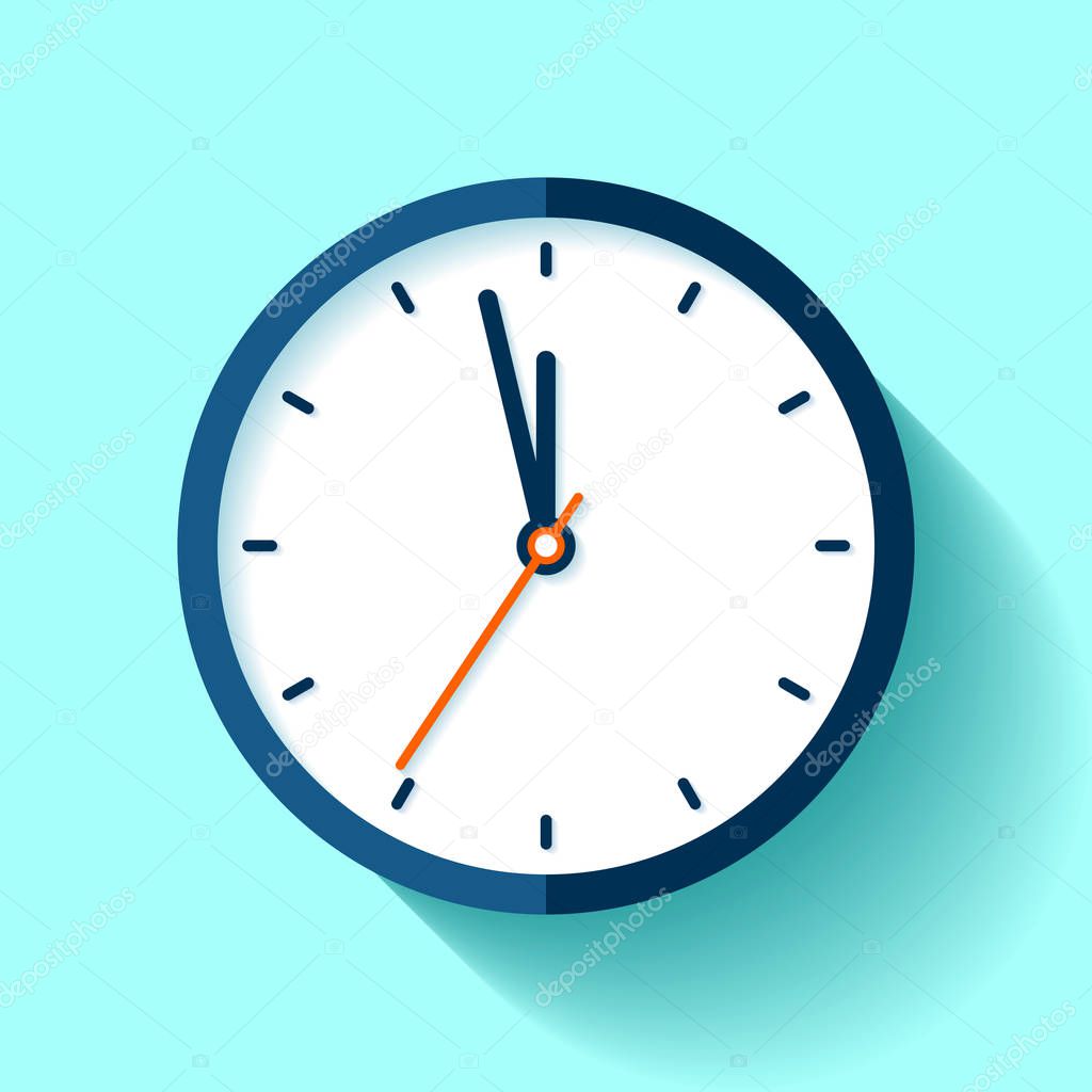 Clock icon in flat style, round timer on blue background. Five minutes to twelve. Simple watch. Vector design element for you business projects