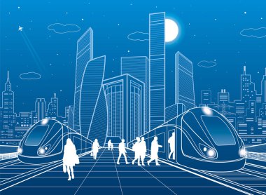 İki tren tren istasyonunda. Yolcu platformda. Modern gece kasaba. Kentsel ulaşım illüstrasyon. Şehir hayatı sahne. Mavi zemin üzerine beyaz çizgiler. Vektör tasarım sanat