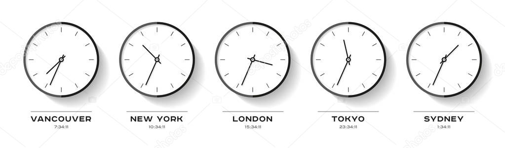 World time. Simple Clock icons in flat style. Vancouver, New York, London, Tokyo, Sydney. Black Watch on white background. Business illustration for you presentation. Vector design objects.