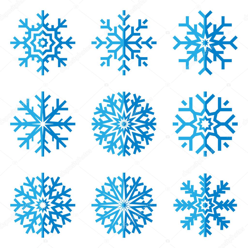 Snowflakes icon set in flat style on white background. Ice crystal. Vector winter design element for you Christmas and New Year's projects