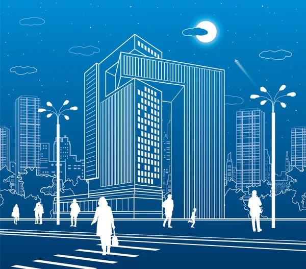 Бизнес Центр Архитектура Города Люди Идут Городской Улице Дорожный Переход — стоковый вектор