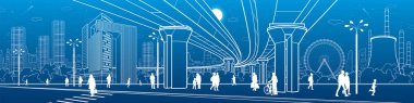 İş Merkezi, şehir mimarisi panorama. İnsanlar şehir sokak. Yol yaya geçidi. Yolu Köprüsü, Üstgeçit. Dönme dolap. Kentsel yaşam. Vektör tasarım sanat