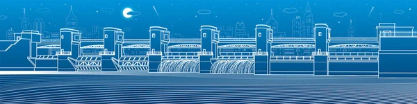 Гидроэлектростанция Речная Плотина Электростанция Энергия Воды Панорама Индустриальной Инфраструктуры Города — стоковый вектор