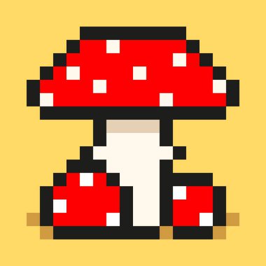 Piksel sanatı, dijital mantar, büyük ve küçük kırmızı amanita, düz web simgesi, vektör tasarımı retro nesne