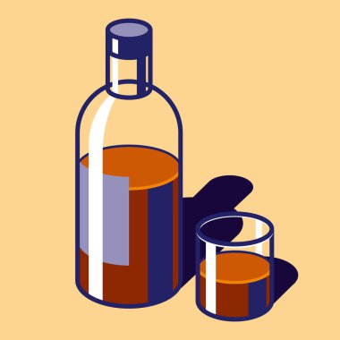 Bir şişe viski ve cam ile 3d düz stil. Şeffaf cam objeler renk arka plan üzerinde. Basit birim vektör öğeleri projeniz için