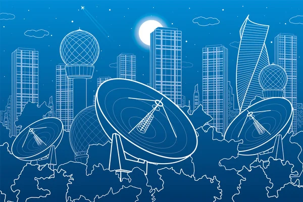 Parabolatükrök Erdőben Antenna Kommunikációs Technológia Időjárás Állomás Radarberendezések Éjszakai Város — Stock Vector