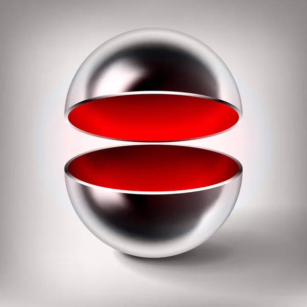 Vecteur Sphère Creuse Chromée Boule Ouverte Métal Brillant Intérieur Rouge — Image vectorielle