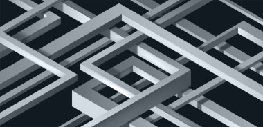 3D twisted kompozisyon soyut pleksus formları. Labirent şekiller. Koyu arka plan üzerinde vektör unreal İnşaat