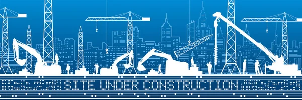 Sito Costruzione Illustrazione Panorama Edifici Paesaggio Industriale Gru Escavatori Edili — Vettoriale Stock