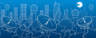 Satellite dishes in the woods, antenna  communication technology, weather station, radar installations, night city, urban scene, vector design art clipart