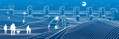 Kentsel yaşam. İnsanlar tren istasyonunda. Tren Gölü banka gider. Arka plan, hidro elektrik santrali. Nehir baraj, enerji istasyonu, su gücü. Vektör tasarım sanat