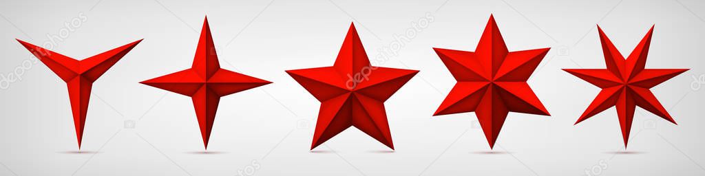 Set of volumetric red vector stars. Three, four, five, six and seven coal forms, geometry shape, abstract vector 