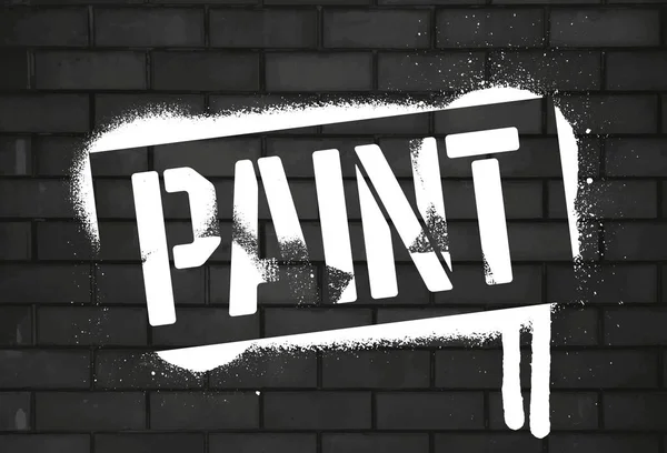 Stencil Paint Inscription Graffiti Branco Impresso Parede Tijolo Preto Projeto — Vetor de Stock