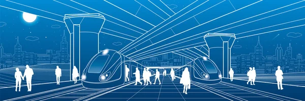 Железнодорожная Станция Эстакадой Пассажиры Садятся Поезд Городская Жизнь Транспортная Инфраструктура — стоковый вектор
